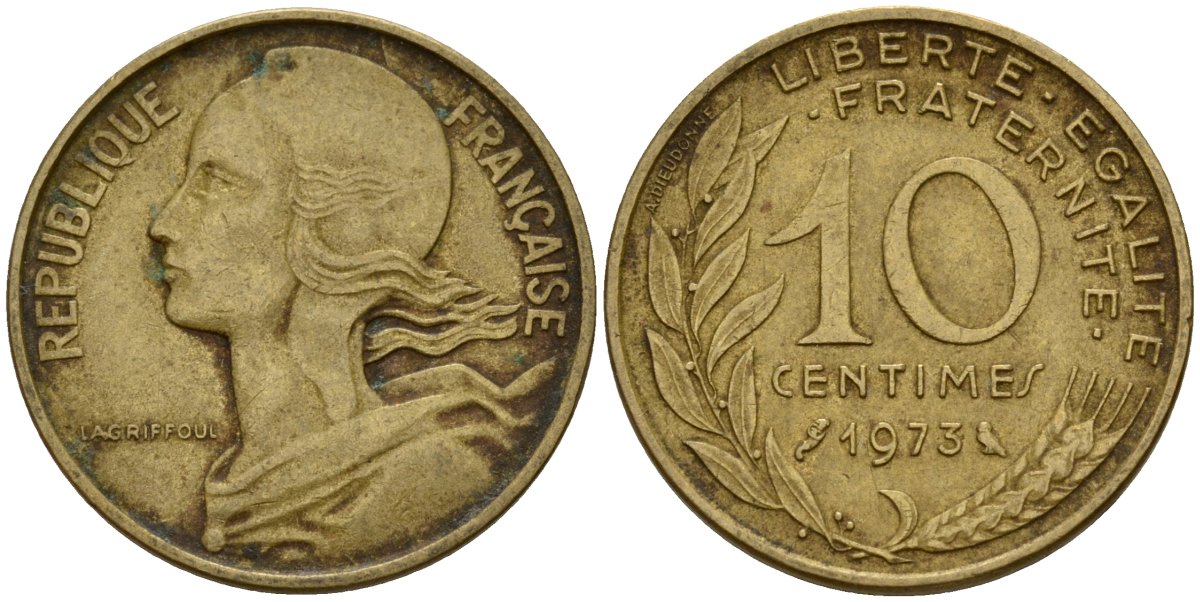 Франция 10 сантимов 1973 KM 929 алюминиевая бронза 4154-1068