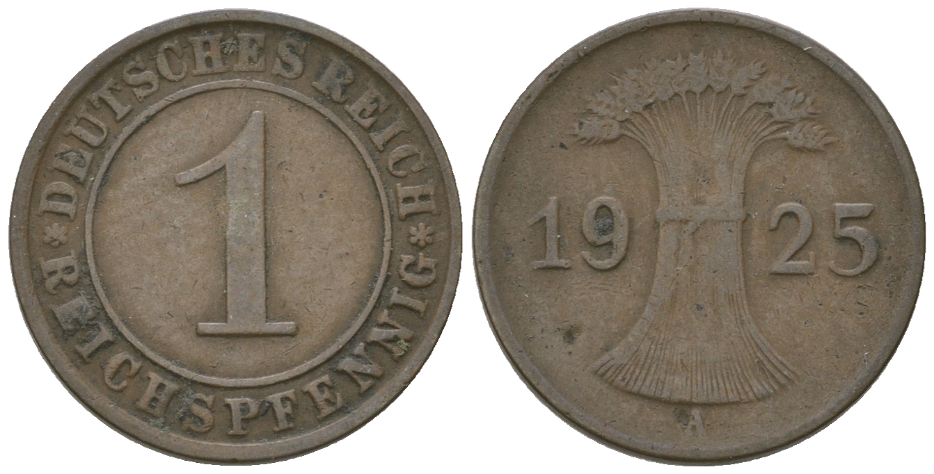 Германия 1 рейхспфенниг 1925 А KM 37, J. 313 бронза 3458-1127
