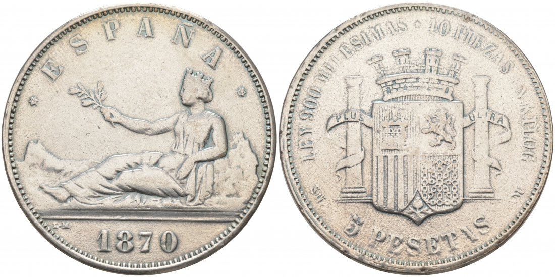 ИСПАНИЯ 5 ПЕСЕТ 1870 SN-M КОПИЯ белый металл 4184-934