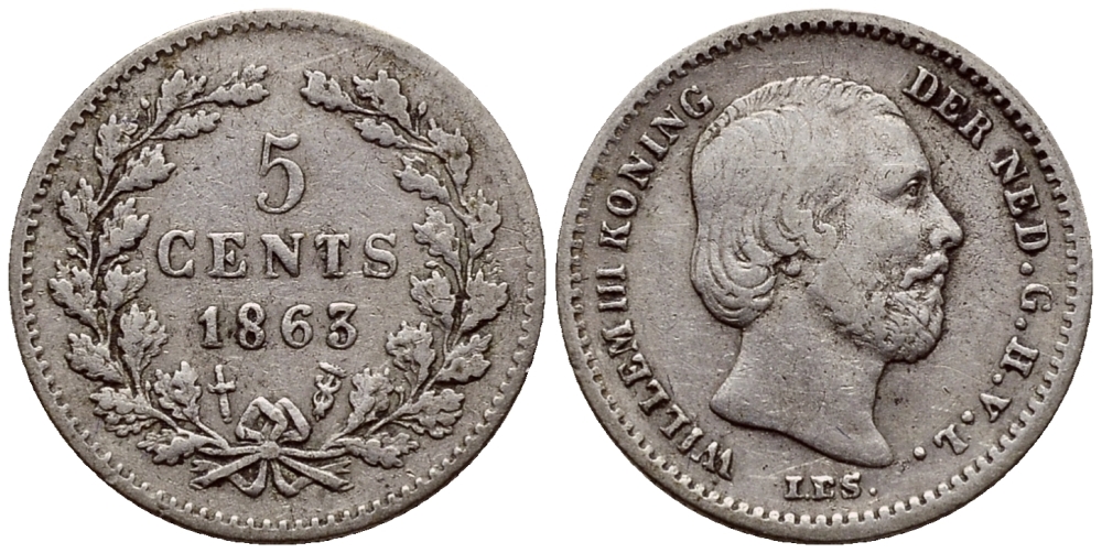 НИДЕРЛАНДЫ 5 ЦЕНТОВ 1863 ВИЛЛЕМ III KM 91 серебро 46-621