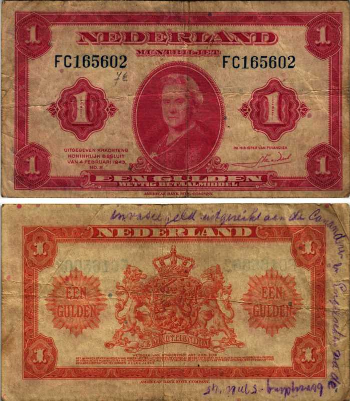 Нидерланды 1 гульден 1943 7 февраля 1943, Вильгельмина Pick 64 бумага 8605-28-3-1