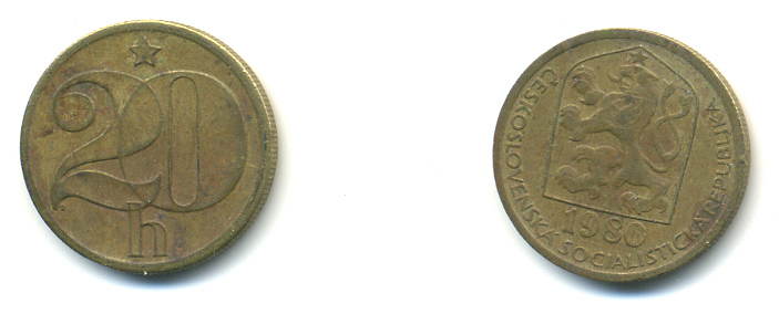 ЧЕХОСЛОВАКИЯ 20 ГЕЛЛЕРОВ 1980 KM 74 латунь 3999-122
