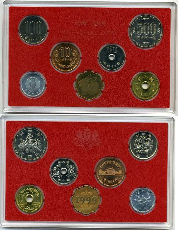 Япония набор из 6 монет + жетон 1999 официальный набор в пластиковой упаковке, жетон год зайца BUNC 2-4-1-08