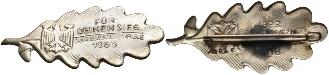 ФРГ, Германия ЗНАК 1963 ПОБЕДИТЕЛЮ, ФЕДЕРАЛЬНЫХ МОЛОДЁЖНЫХ ИГР, дубовый лист белый металл 06-273-32
