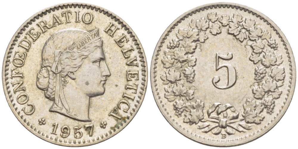 ШВЕЙЦАРИЯ 5 РАППЕНОВ 1957 В KM 26 медно-никель 206-256