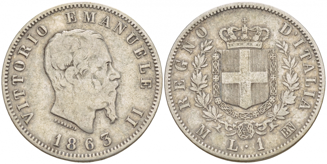 Италия 1 лира 1863 M-BN, Виктор Эммануил II KM 5a.1 серебро 4548-827
