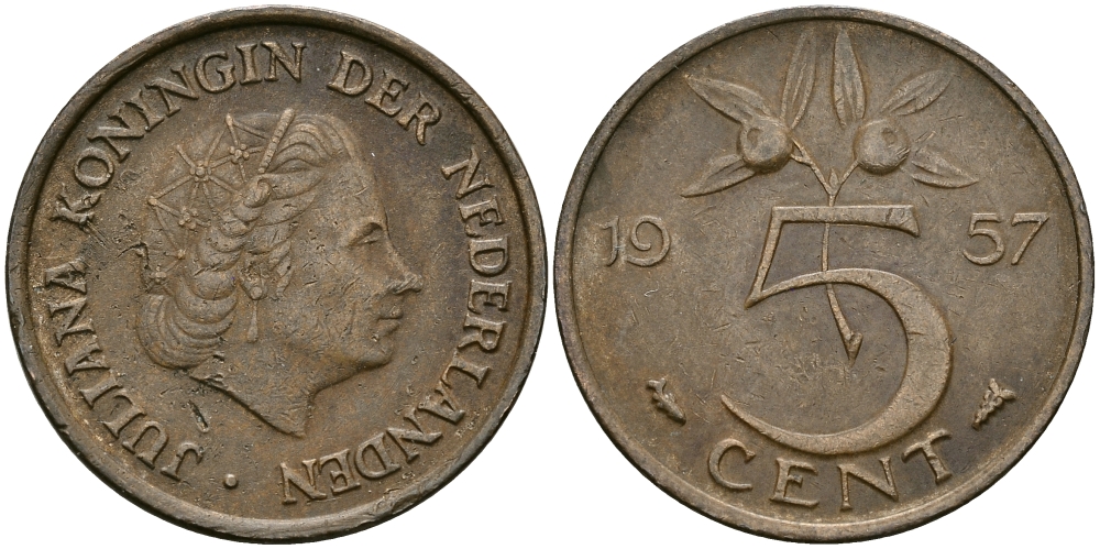 НИДЕРЛАНДЫ 5 ЦЕНТОВ 1957 ЮЛИАНА KM 181 бронза 95-326