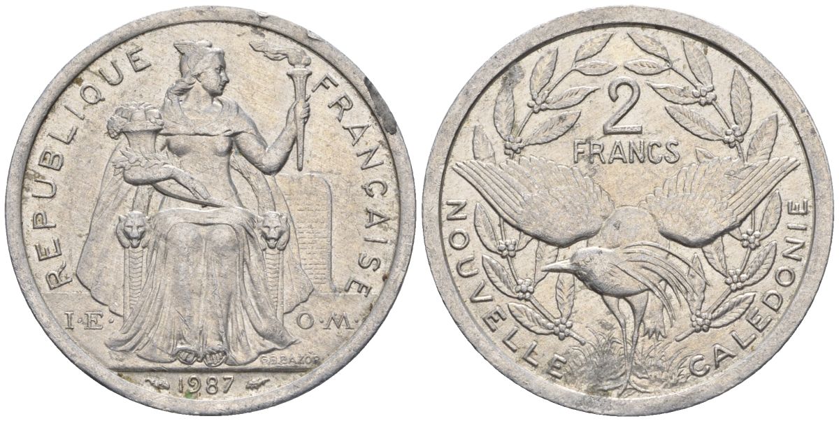 Французская Новая Каледония 2 франка 1987 птица кагу, (IEOM) KM 14, Schoen 11, Lec 64 алюминий    08-1244