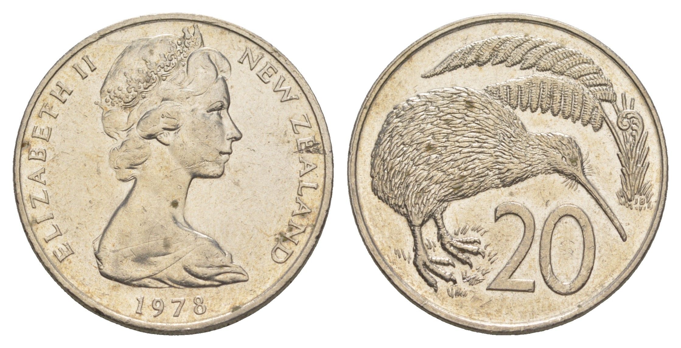 Новая Зеландия 20 центов 1978 Елизавета II (1952-2022), птичка киви KM 36 медно-никель 89-144