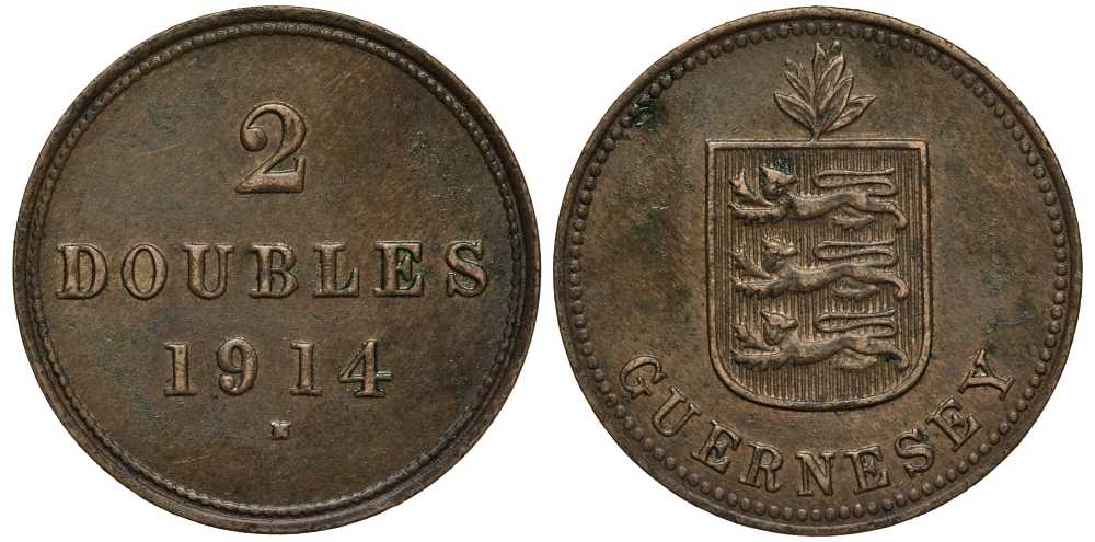Гернси 2 дабла (дубля) 1914 H KM 12 бронза 650-625