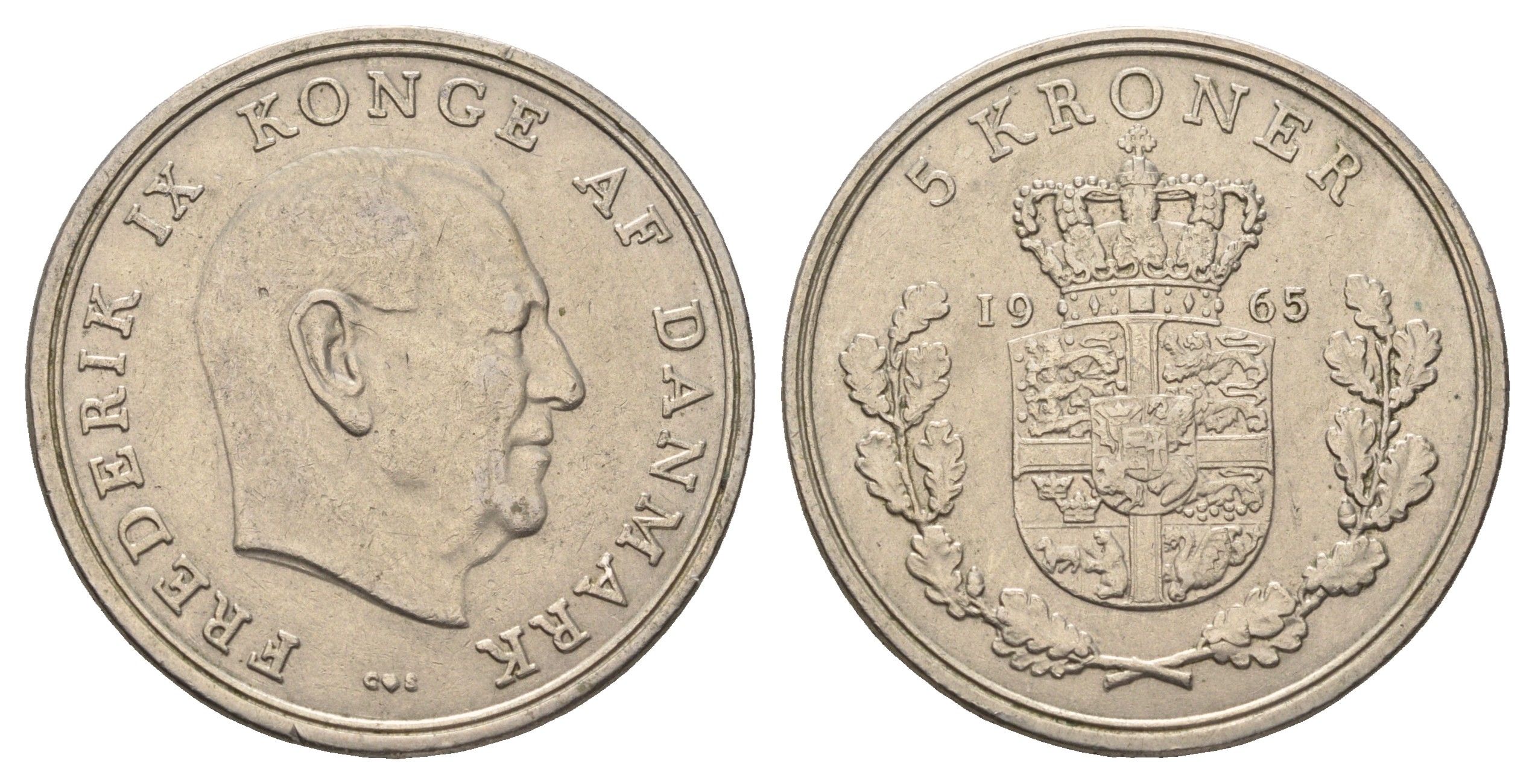 Дания 5 крон 1965 C; S, Фредерик IX (1947-1972) KM 853.1 медно-никель 221-923