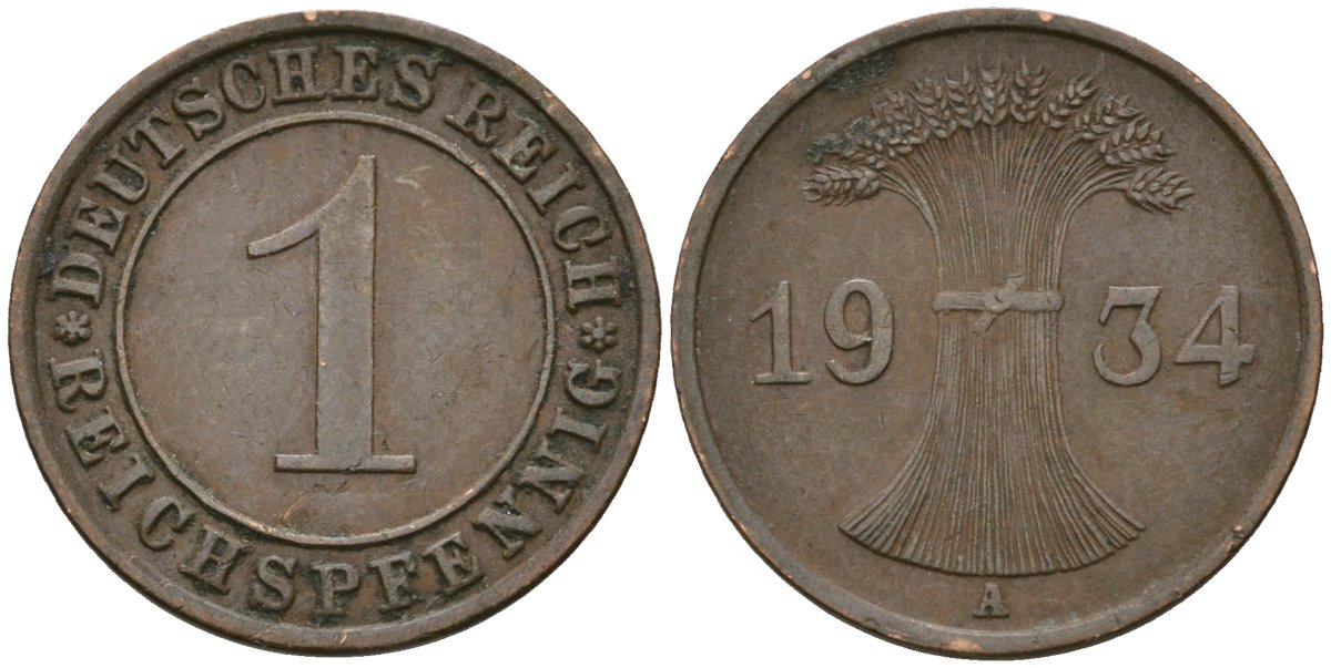 Германия 1 рейхспфенниг 1934 A KM 37, J. 313 бронза 4189-1244