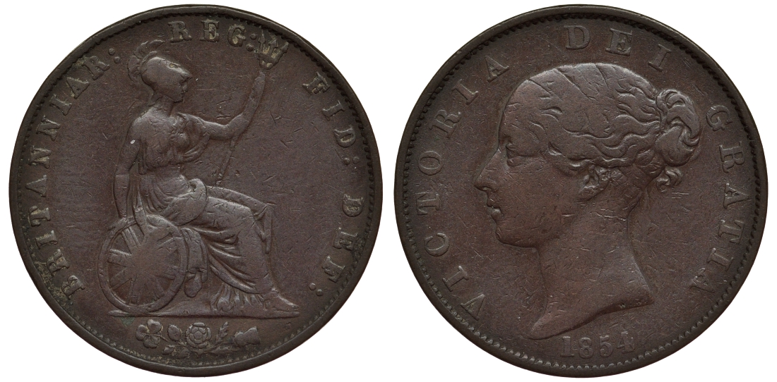 Великобритания 1/2 пенни 1854 Виктория (1837-1901) KM 726, Spink 3949 медь 189-116