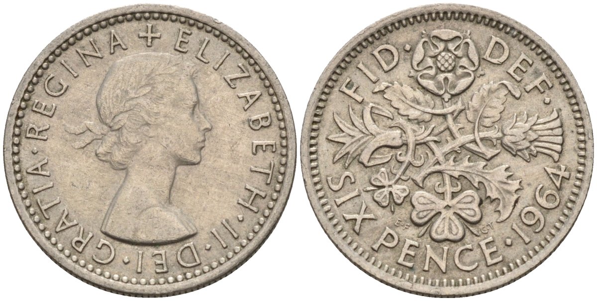 Великобритания 6 пенсов 1964 Елизавета II (1952-2022) KM 903, Spink 4149 медно-никель 4596-1047