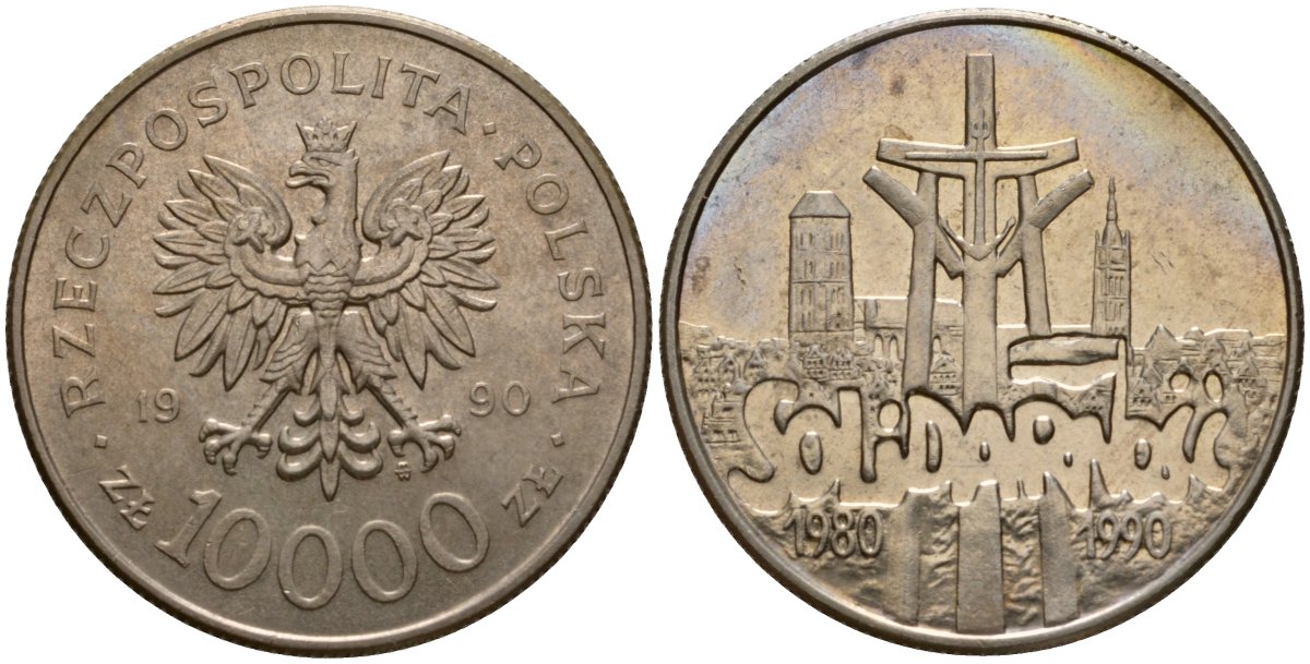 Польша 10000 злотых 1990 MW, 10 лет профсоюзу "Солидарность" KM 195, Parchimowicz 604 медно-никель UNC 88-1224