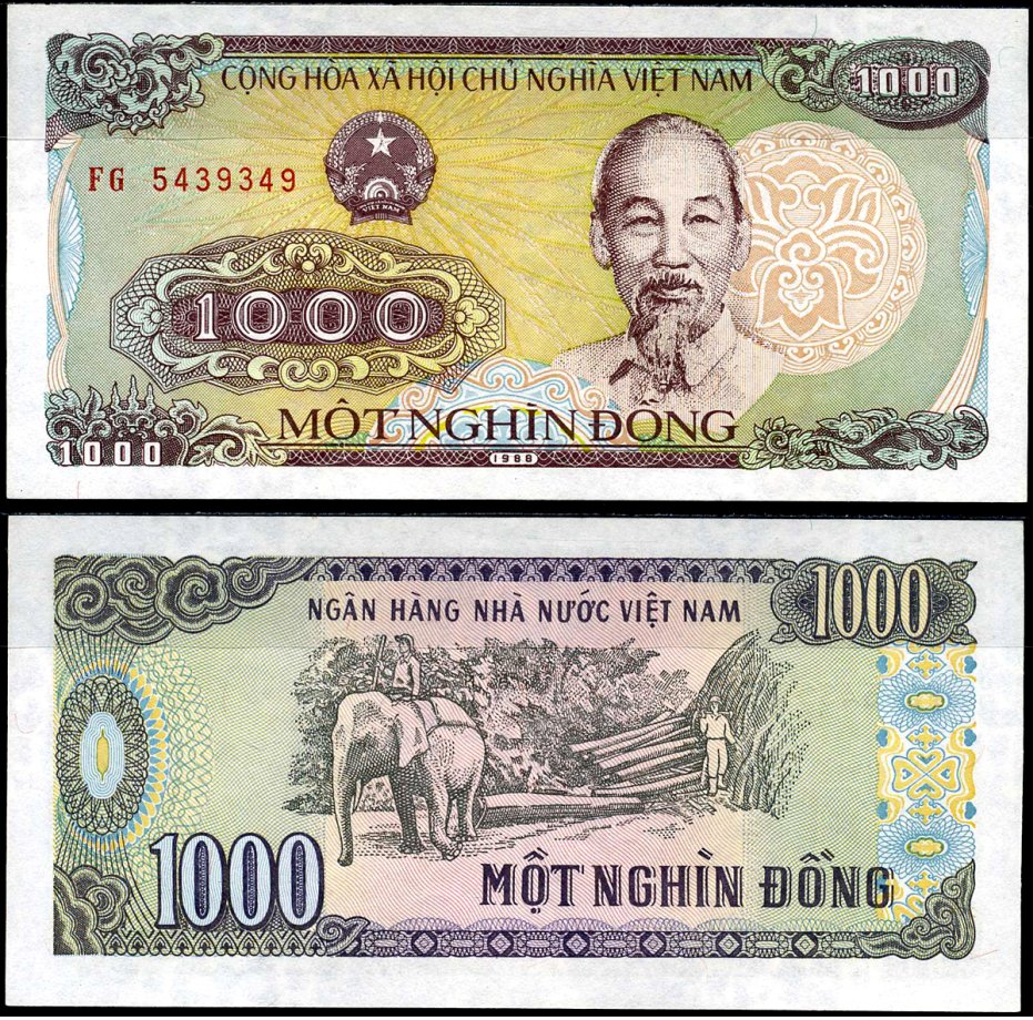 Вьетнам 1000 донгов 1988 Хо Ши Мин, маленькая серия Pick 106а бумага 8589-31-1-1