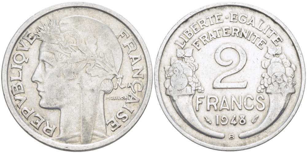 Франция 2 франка 1948 B, ТИП MORLON KM 886а.2, LE FRANC 269.13 алюминий 180-1142