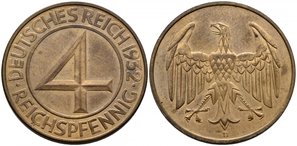 Германия 4 рейхспфеннига 1932 D J. 315, KM 75 бронза PROOF 00-817-61