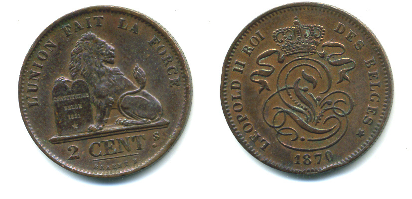 БЕЛЬГИЯ 2 САНТИМА 1870 BELGES KM 35.1 медь 86-1857