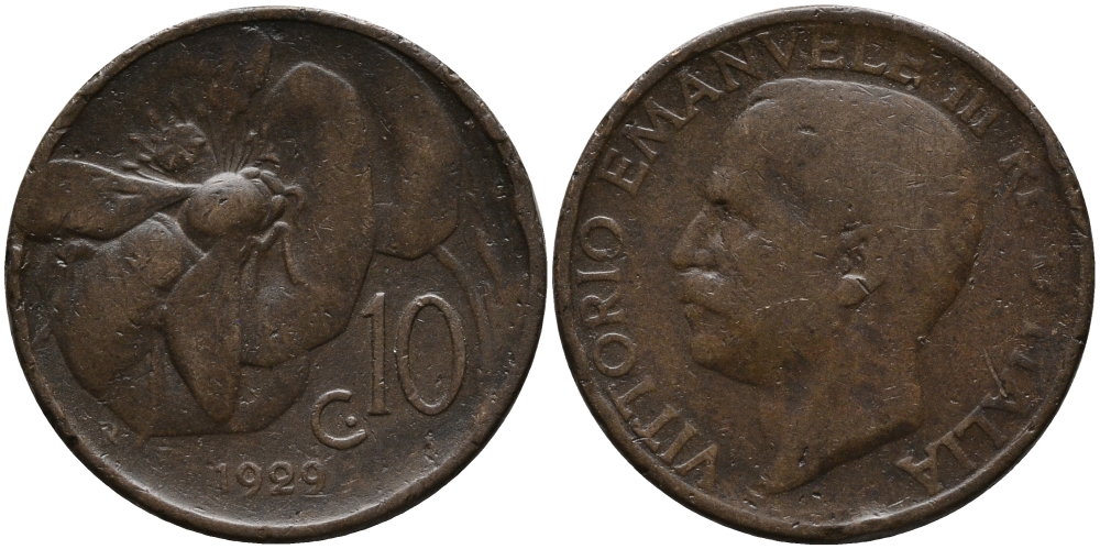 ИТАЛИЯ 10 ЧЕНТЕЗИМО 1929 R, ВИКТОР ИМАНУИЛ, ПЧЕЛА KM 60 медь 76-953