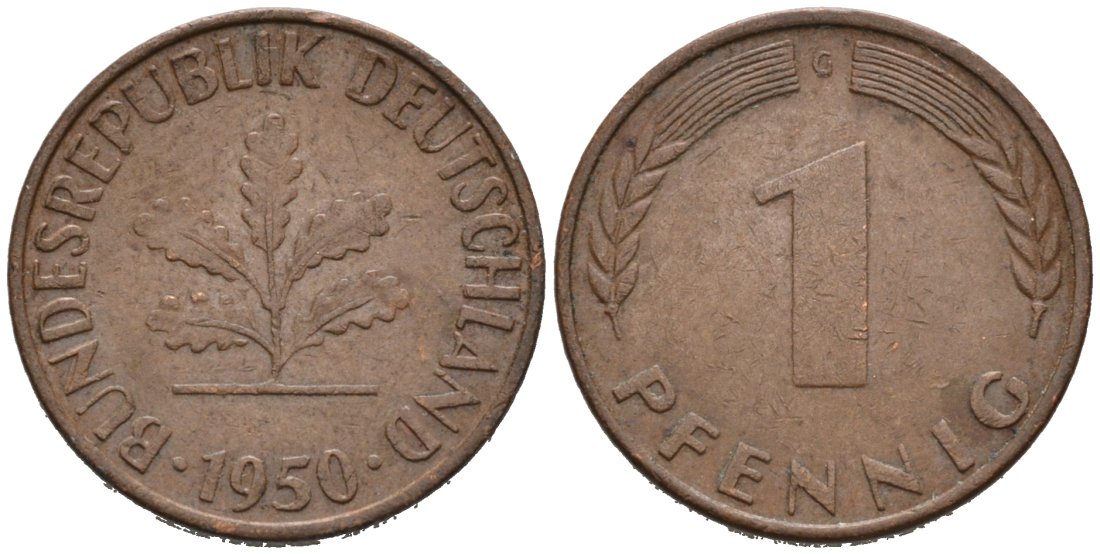 ФРГ 1 ПФЕННИГ 1950 G КМ 105, J. 380 сталь плакированная медью 4567-539