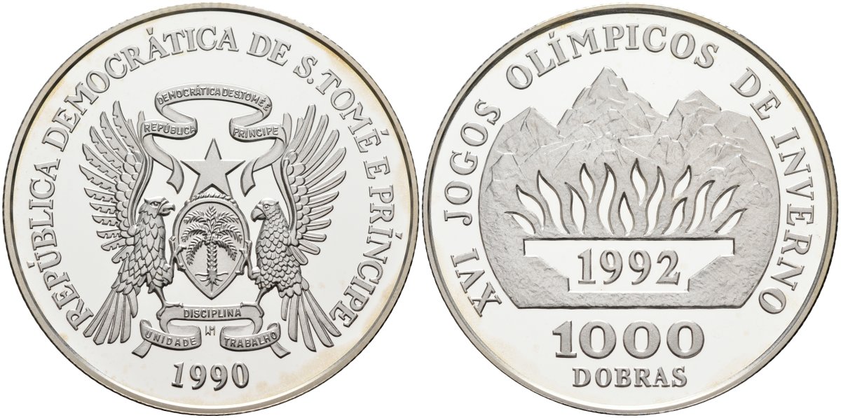 Сан-Томе и Принсипи 1000 добра 1990 XVI Зимние Олимпийские игры 1992 года в Альбервиле, тираж 10000 экз. KM 73 серебро PROOF 1098-1-21