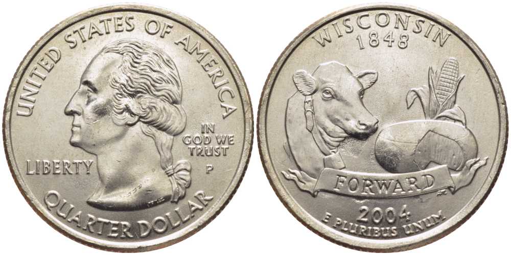 США 25 центов = квотер 2004 P, серия штаты США, Висконсин KM 359 медь плакированная медно-никелем UNC M49-20