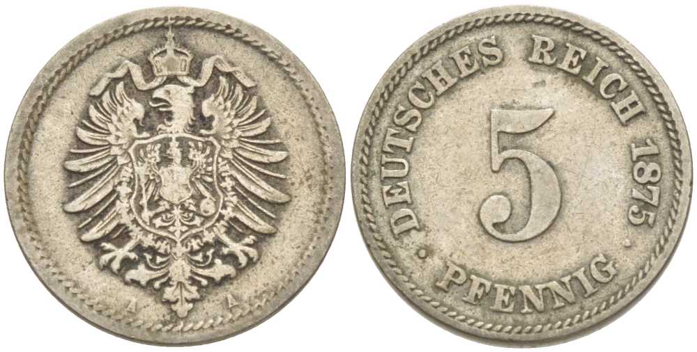 ГЕРМАНИЯ 5 ПФЕННИГОВ 1875 А, СТАРОГЕРБОВКА KM 3, J. 3 медно-никель 206-1164