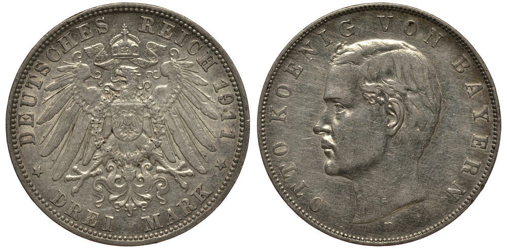 Бавария 3 марки 1911 Отто (1886-1913) Weege 45, J. 47, KM 515 серебро 3711-2024