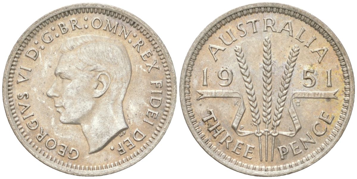 Австралия 3 пенса 1951 PL, Георг V (1936-1952) KM 44 серебро 4621-1226