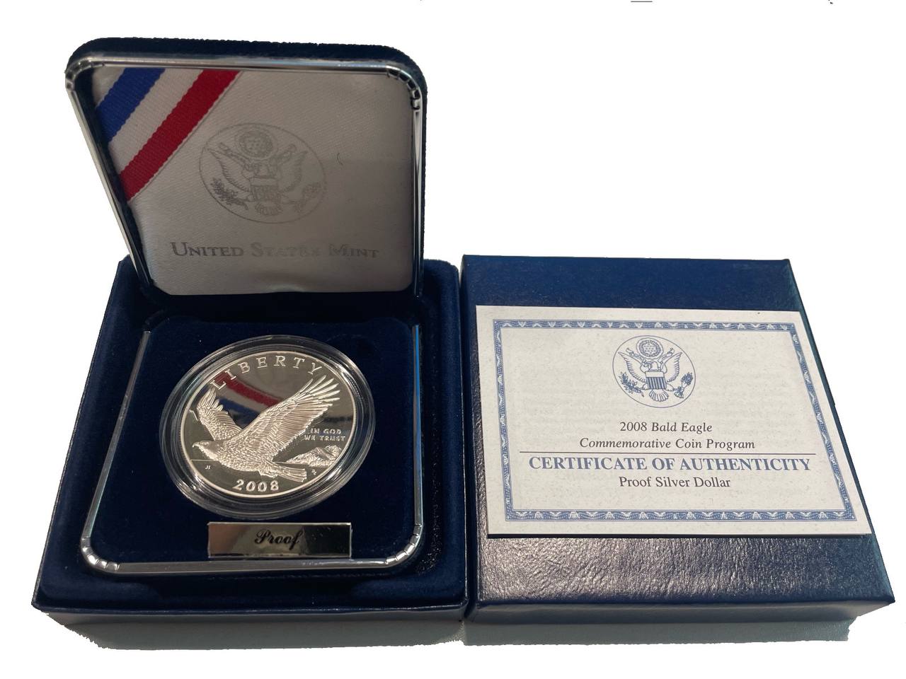 США 1 доллар 2008 P, Белоголовый орлан, оригинальная коробка, сертификат KM 439 серебро  PROOF  3-6-5-23