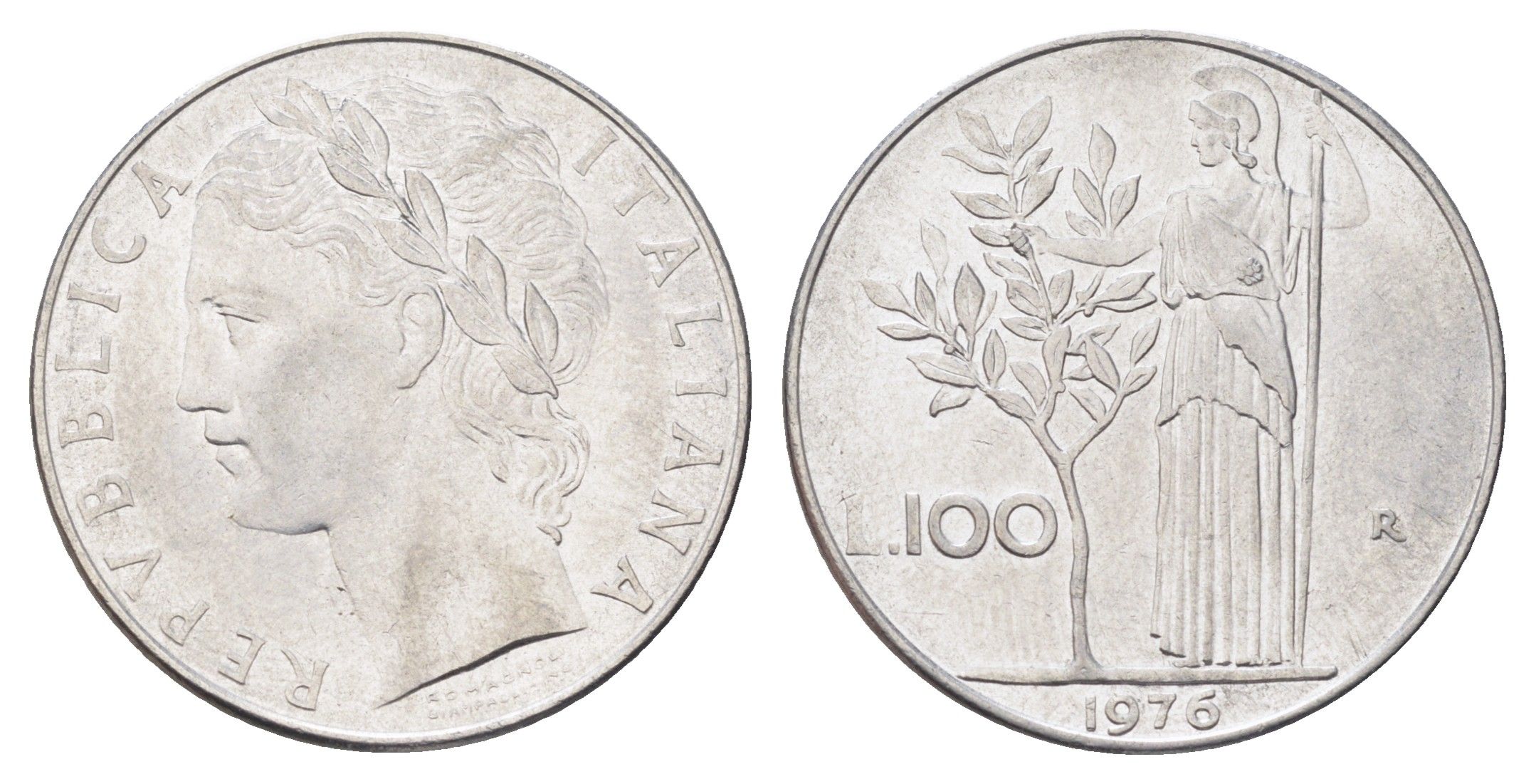 Италия 100 лир 1976 R, Афина в доспехах KM 96.1 нержавеющая сталь 4704-727