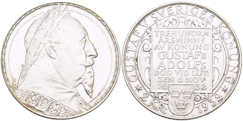 Швеция 2 кроны 1932 G, Густав V, 300 лет со дня смерти Густава II Адольфа KM 805 серебро 413-1044