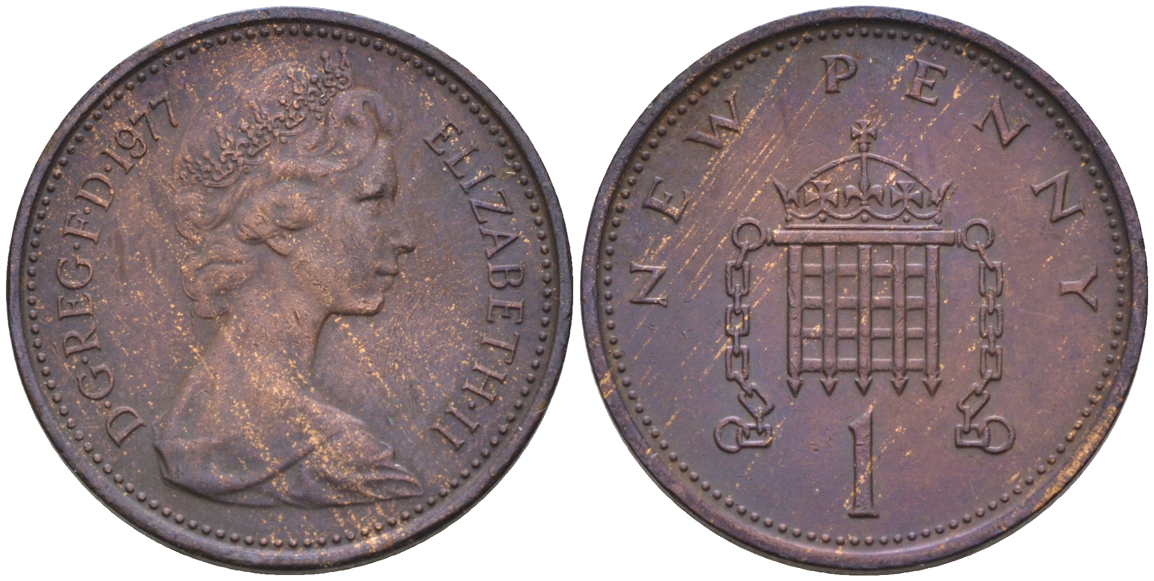 Великобритания 1 пенни 1977 Елизавета II (1952-2022) KM 915, Spink 4237 (B1) бронза    4147-354