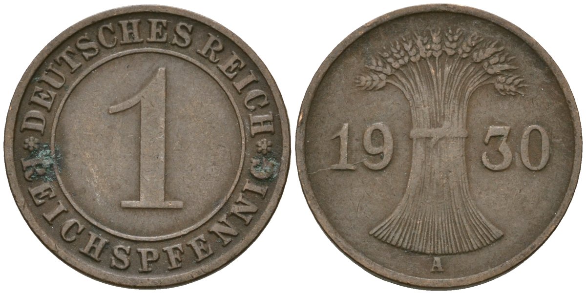 Германия 1 рейхспфенниг 1930 A KM 37, J. 313 бронза 4189-1133
