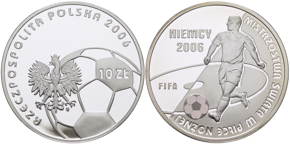 Польша 10 злотых 2006 MW, FIFA, чемпионат мира по футболу в Германии 2006 года, голограмма серебро PROOF 1087-7-31