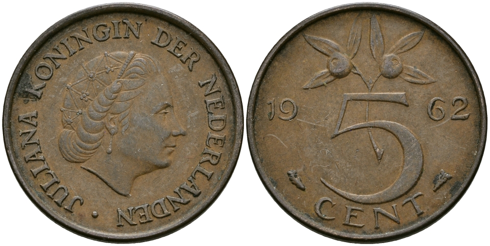 НИДЕРЛАНДЫ 5 ЦЕНТОВ 1962 ЮЛИАНА KM 181 бронза 95-351