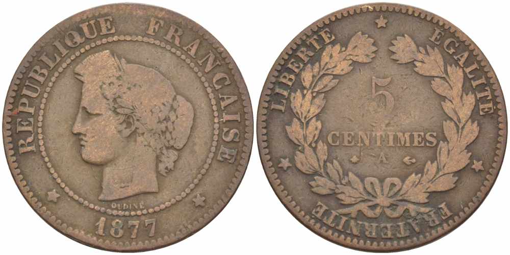 ФРАНЦИЯ 5 САНТИМОВ 1877 А, ТРЕТЬЯ РЕСПУБЛИКА (1871-1940) KM 821.1, LE FRANC 118.16 бронза 108-624