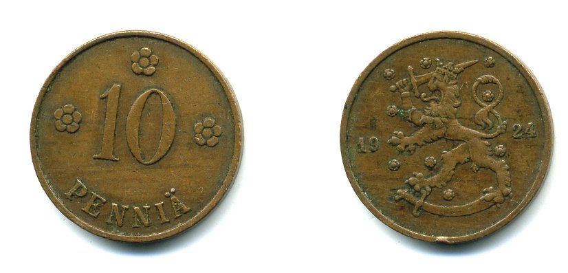 Финляндия 10 пенни 1924 республика (1918-1962) KM 24 медь 46-916