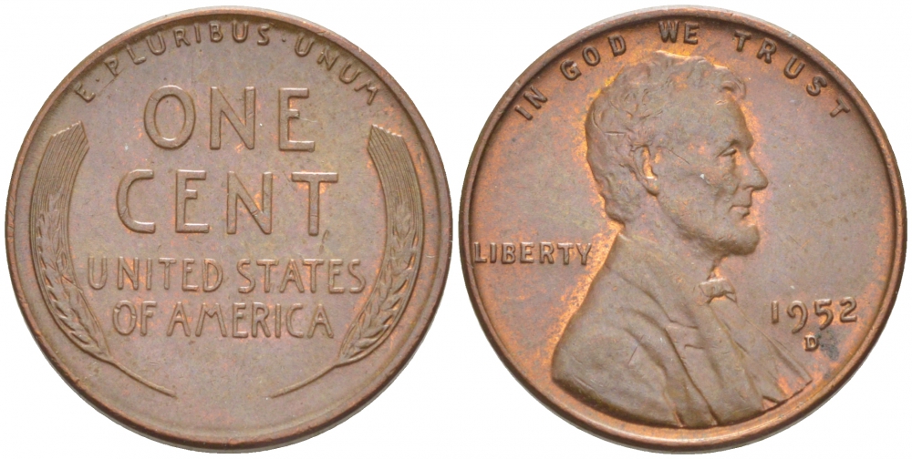 США 1 ЦЕНТ 1952 D ЛИНКОЛЬН KM А132 медь цинк UNC 3309-236