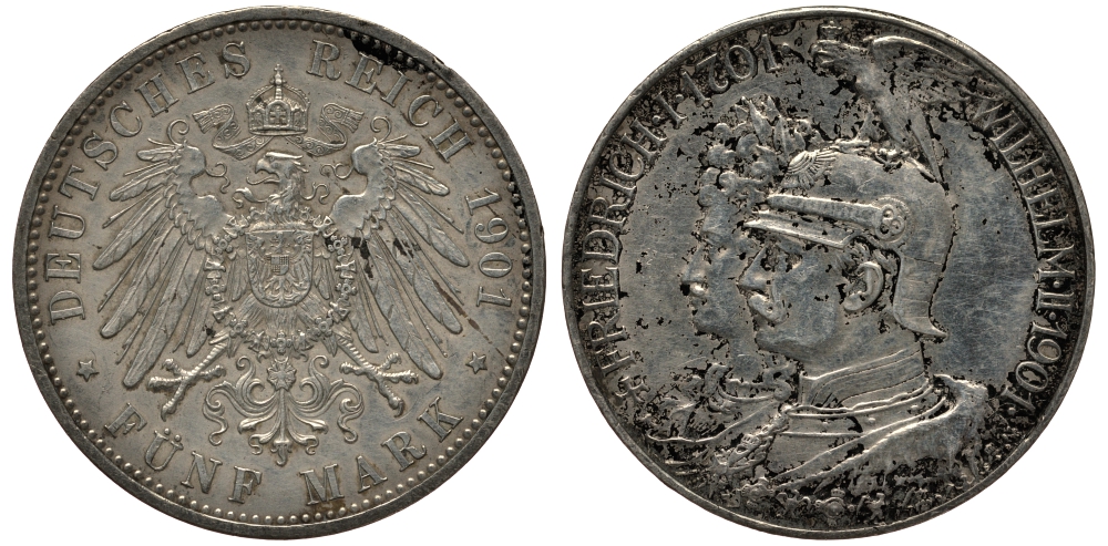 Пруссия 5 марок 1901 A, 200 лет Прусской королевской династии (Фридрих I - Вильгельм II) KM 526, J.106 серебро aUNC 3711-345