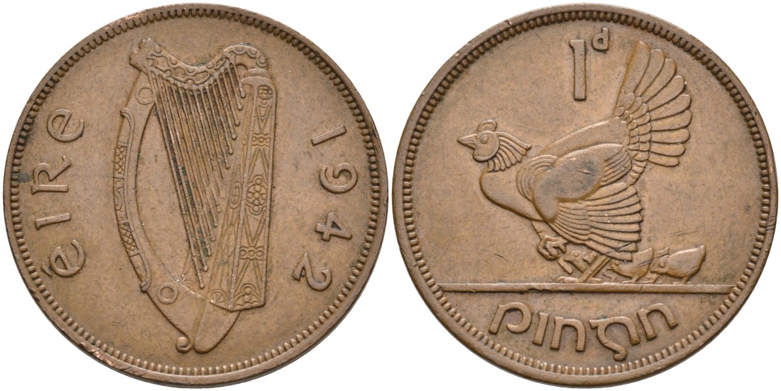 Ирландия 1 пенни 1942 курица с цыплятами KM 11 бронза 88-826