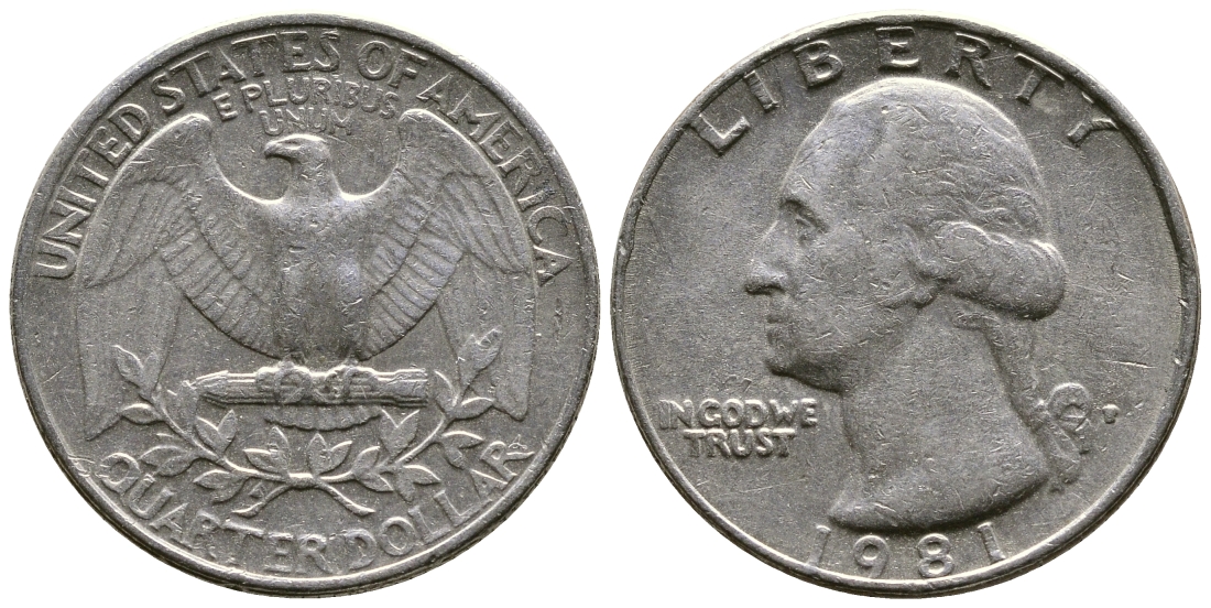 США 25 ЦЕНТОВ = КВОТЕР 1981 Р, ВАШИНГТОН КМ А164а медь плакированная медно-никелем 56-1211