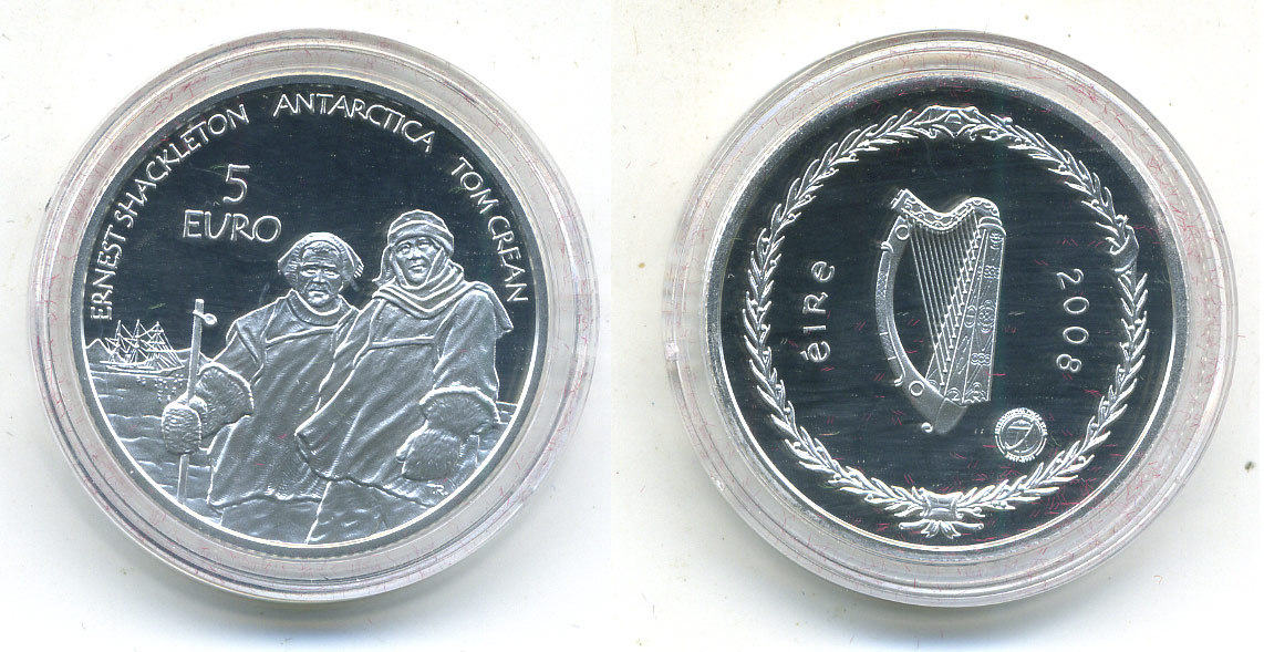 ИРЛАНДИЯ 5 ЕВРО 2008 ИССЛЕДОВАТЕЛИ АРКТИКИ, ПАРУСНИК, В ОРИГИНАЛЬНОЙ КОРОБКЕ С СЕРТИФИКАТОМ,ВЕС 8,52гр., тираж 5000 экз., диаметр 28мм. серебро PROOF 5-2-27