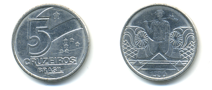 Бразилия 5 крузейро 1990 фермер KM 618.1 нержавеющая сталь aUNC 93-717