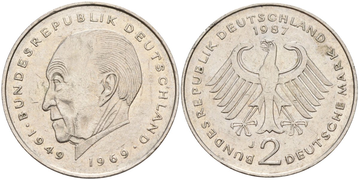 ФРГ 2 марки 1987 J, Конрад Аденауэр, 20 лет Федеративной Республике (1949-1969) KM 124, J. 406 медно-никель плакированный никелем 4137-444