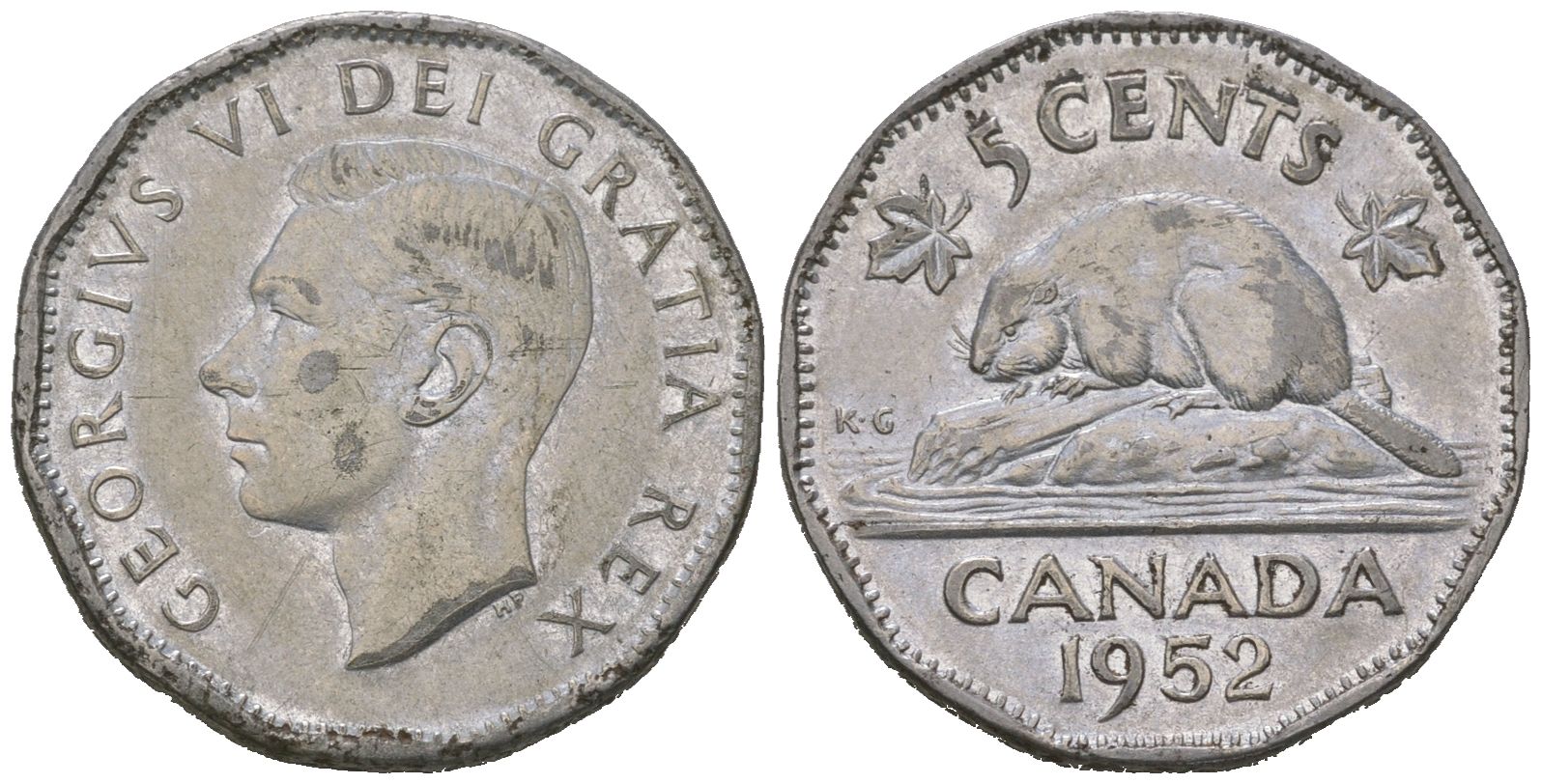 Канада 5 центов 1952 Георг VI (1936-1952), бобер KM 42a хромированная сталь 4621-257