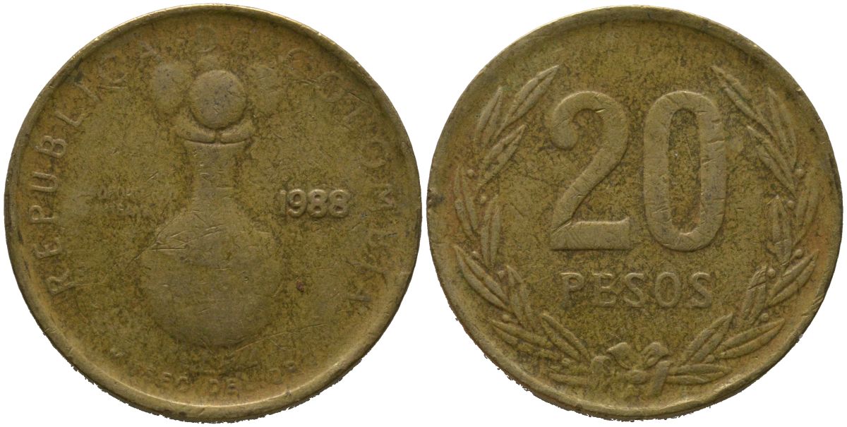 Колумбия 20 песо 1988 KM 271 алюминиевая бронза 4529-932
