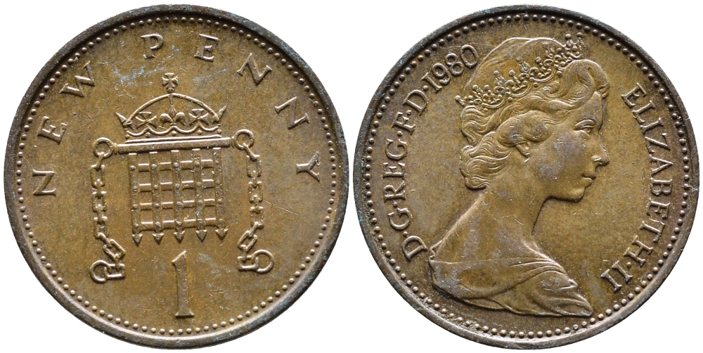 Великобритания 1 пенни 1980 Елизавета II (1952-2022) KM 915, Spink 4237 (B1) бронза 4393-255
