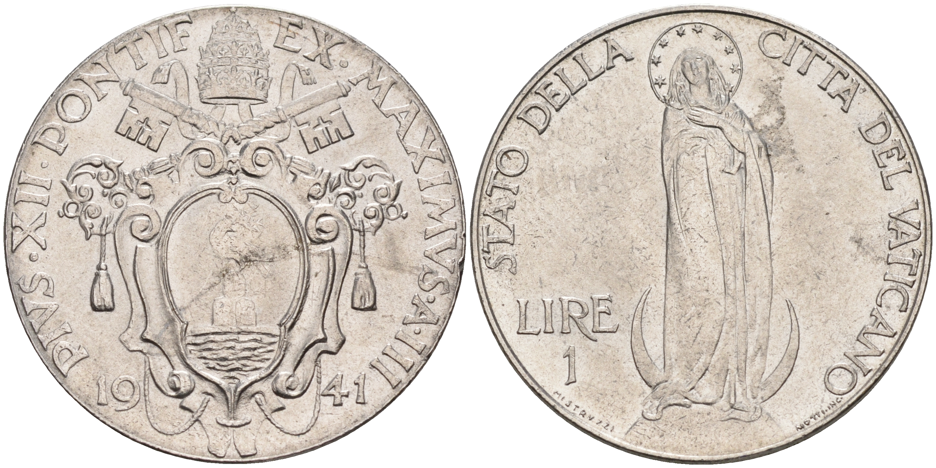 Ватикан 1 лира 1941 Пий XII, Дева Мария KM 26 a сталь UNC 63-716